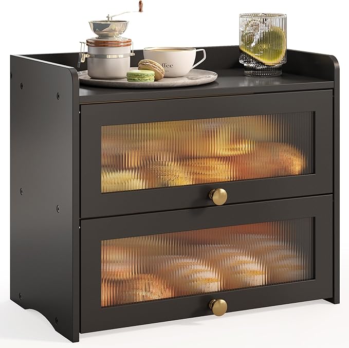 JANSNIMEN Large Bread Box for Kitchen Countertop Wooden Double Layer Breadbox Organizer with Window Vintage Farmhouse Bread Storage Container for Homemade Bread (Black)