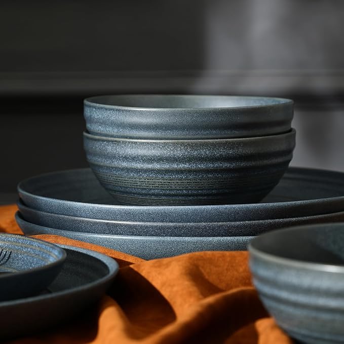 Stone Lain Elio 12-Piece Dinnerware Set Stoneware, Plates and Bowls Set, Dish Set for 4, Blue
