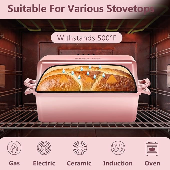Wildone Enameled Cast Iron Bread Loaf Pan with Lid, 9x5 Sourdough Baking Pans for Homemade Bread, Cake, Meatloaf, Even Heating Bread Pans, 2-Piece Set, Pink