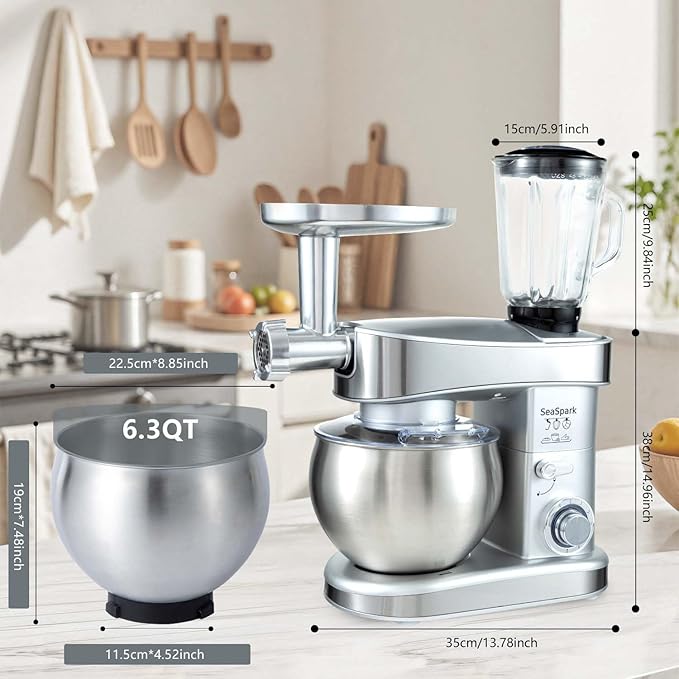 Multifunctional Stand Mixer, 6 in 1 Stand Mixer, 6.3Qt Tilt-head, Standing Mixer with Stainless Steel Bowl, Meat Grinder, Juice Blender, for professional Baking and Most Home Cooks, Silver
