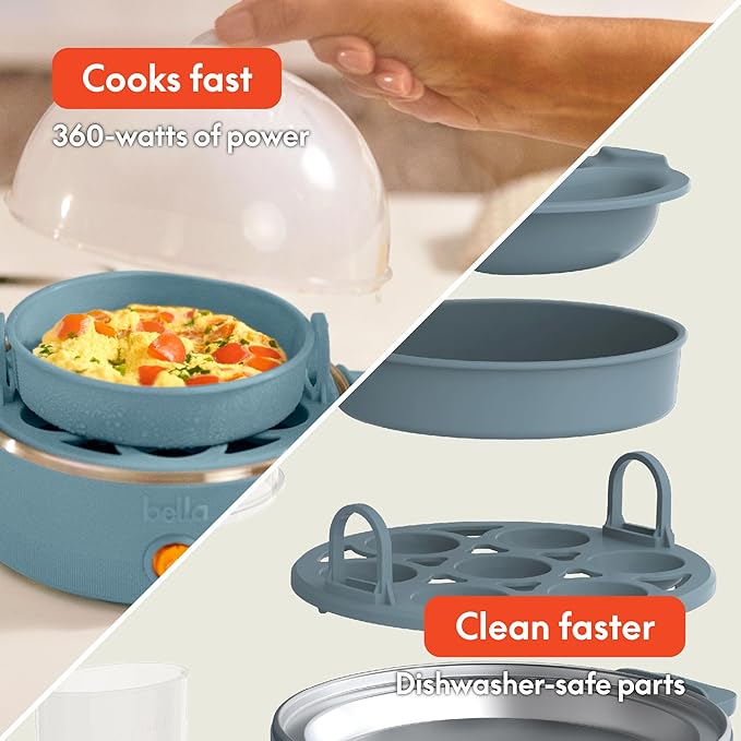 bella Electric Egg Cooker, 7 Eggs Capacity Tray, Single Stack, for Poached, Scrambled, Hard, Medium & Soft Boiled Eggs, Omelets and Steamed Dumplings, Auto Shutoff, 360 Watt, Surf