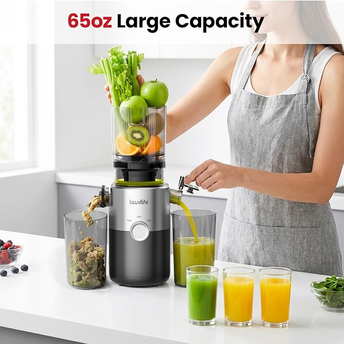 LAUDLIFE Cold Press Juicer Machines, 5.4" Wide Chute Slow Masticating Juicer, 35db Quiet Operation, Easy to Clean, Kale/Spinach Friendly, BPA Free, Juicer Extractor for Whole Fruits & Vegetables