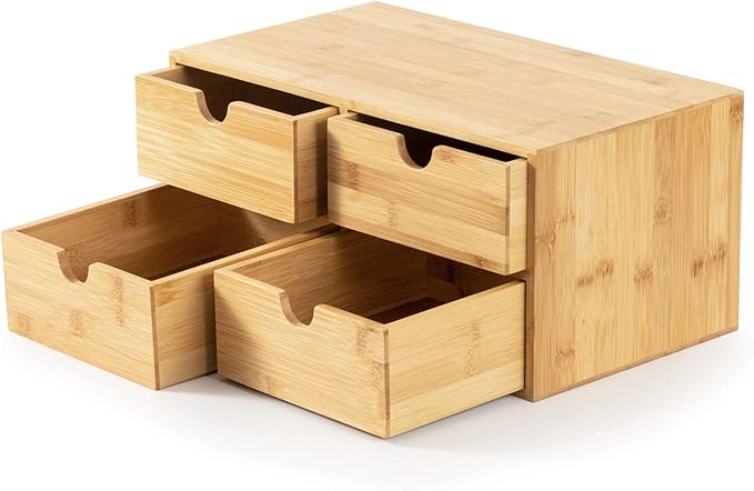Wisuce Bamboo Desk Drawer Organizer, Desktop Organizer with Drawers Tabletop Storage Organization Box for Office Home Toiletries Supplies Vanity, No Assembly Required(4 Drawes)