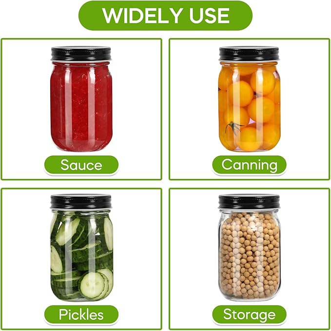 Glass Mason Jars with Black Lids 16 oz - 15 Pack Regular Mouth Canning Jars for Food Storage, Meal Prep, Overnight Oats, DIY Crafts - Includes 24 Stickers & Brush