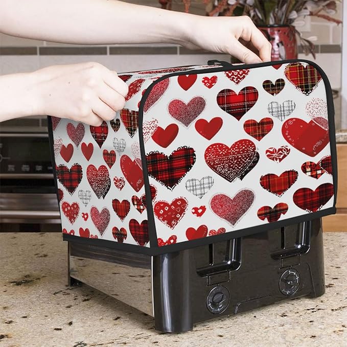 2 Slice Toaster Cover,Valentine's Day Buffalo Heart Small Kitchen Appliance Bread Machine Cover with Pockets,Dust & Fingerprint Protection