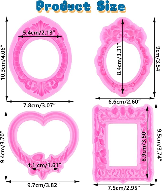 Mujiang Photo Frame Fondant Mold Picture Frame Silicone Mold Vintage Frame Molds for Cake Decorating Cupcake Topper Chocolate Candy Polymer Clay Set Of 4