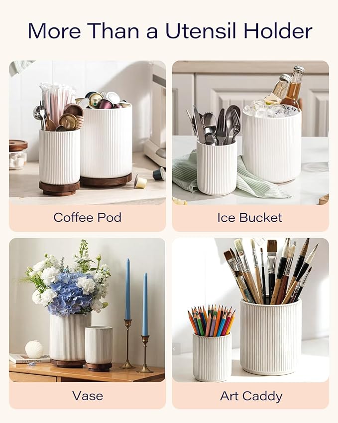 getstar Large Rotating Utensil Holder for Kitchen Counter,7.2"+5.4" Ceramic Utensils Crocks Set for Countertop Large & Small Utensil Organizer for Spatula Farmhouse Kitchen Decor