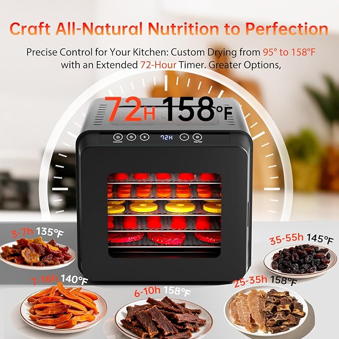 Food Dehydrator for Jerky, 5.5 ft² Large Drying Space, 6 Stainless Steel Trays Dehydrator Machine, 72H Timer, 158°F Temperature Control Fruit Dehydrator for Herbs, Meat, and Yogurt