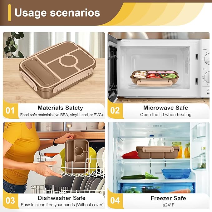 Amathley Bento Box Adult Lunch Box Kids,Lunch Containers for Adults/Kids/Toddler,5 Compartments Bento Lunch Box with Sauce Vontainers,Microwave & Dishwasher & Freezer Safe,BPA-Free (Brown)
