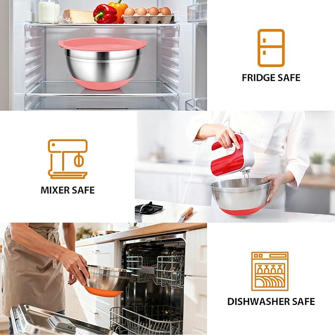 CHAREADA Mixing Bowls with Airtight Lids, 18pcs Stainless Steel Nesting Mixing Bowls Set Non-slip Silicone Bottom, Size 4.5, 3.6, 2.7, 2.1, 1.7, 1.1, 0.7 qt, Fit for Mixing & Serving(Colorful)