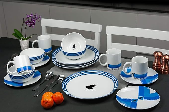 Harry Potter Hogwarts House Porcelain 16 piece Dinnerware Set - Includes 4 Dinner Plates, 4 Salad Plates, 4 Bowls and 4 Mugs - Gryffindor, Hufflepuff, Ravenclaw and Slytherin