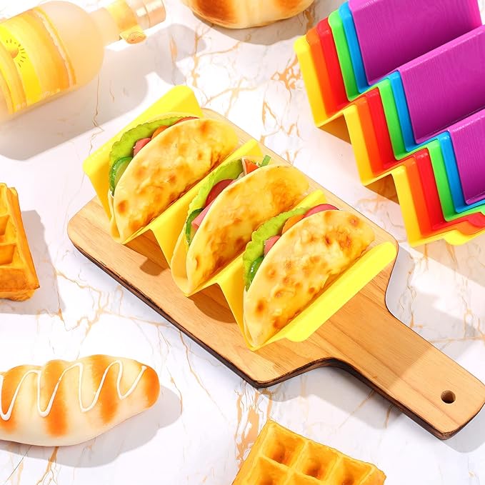 48 Packs Colorful Taco Holder Stands Plastic Large Taco Tray Plates Hold 2 or 3 Tacos Each Rack Server Hard Tortilla Holder for Party Platter Rack Dishwasher Microwave Safe