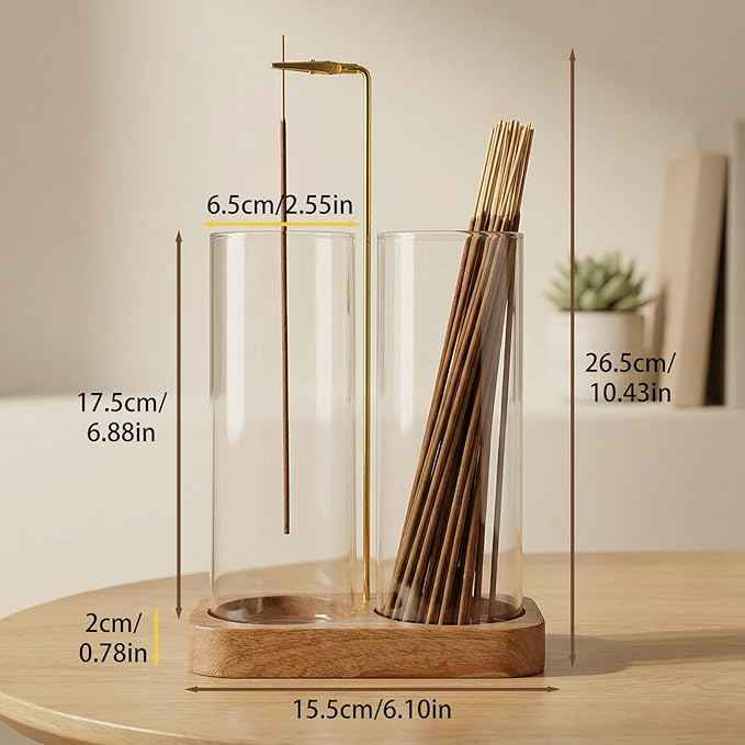 Ceremony Incense Holder, 2 in 1 Wooden Incense Holder for Sticks with 20 Incense Sticks, Anti-ash Incense Burner with Glass Ash Catcher, Wood Incense Holder 20 Stick (2 Glass Rectangle Base)