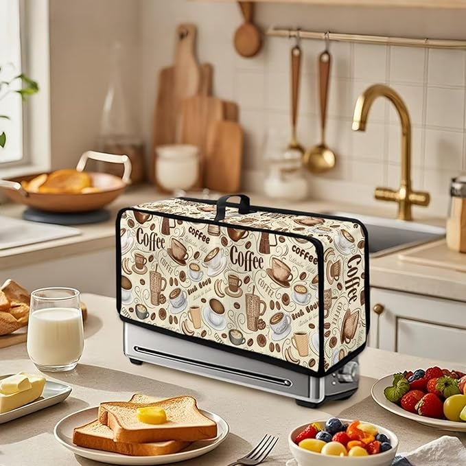 Vintage Coffee Print Slim Toaster Cover Foldable 2 Slice Long Slot 2 Slice Toaster Cover Water-Resistant Small Appliance Covers for Kitchen, Easy to Fold and Store
