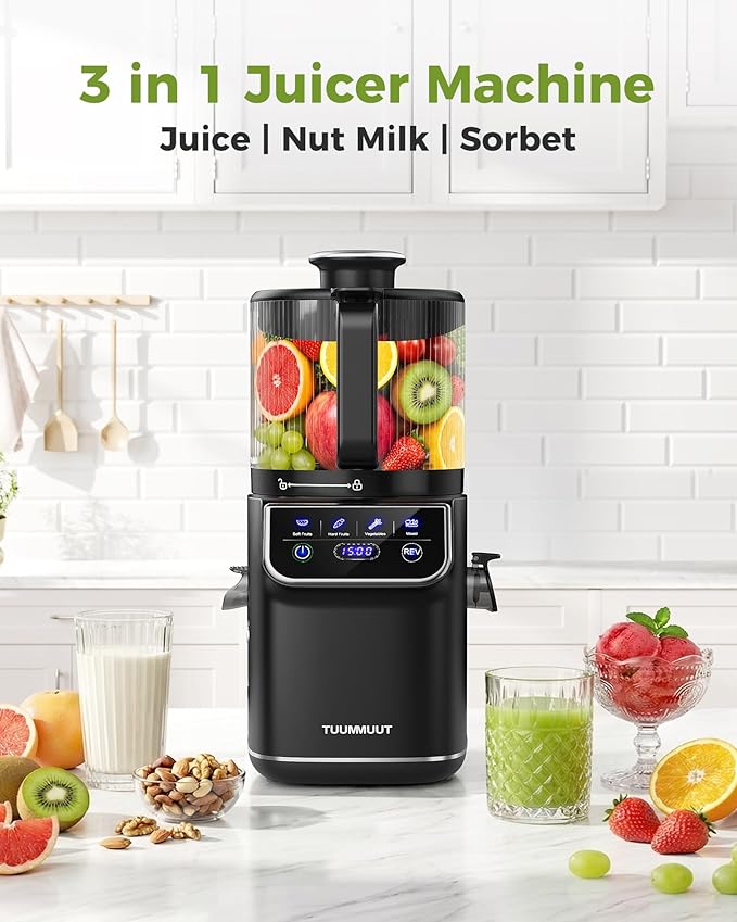 TUUMIIST 3-in-1 Cold Press Juicer Machine, Smart Touch Masticating Juicers for Whole Fruit & Vegetable, 6.5" Wide Chute Slow Juicer for Nut Milk & Sorbet, High Yield, 100oz Large Capacity, Easy Clean