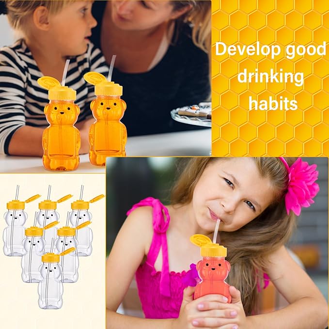 Thenshop 64 Pcs 6 oz Honey Bear Bottle and 64 Pcs Straws Plastic Honey Bear Straw Cup Honeybear Squeeze Jars Cute Empty Bottle for Syrup Sauce Juice Storing and Dispensing