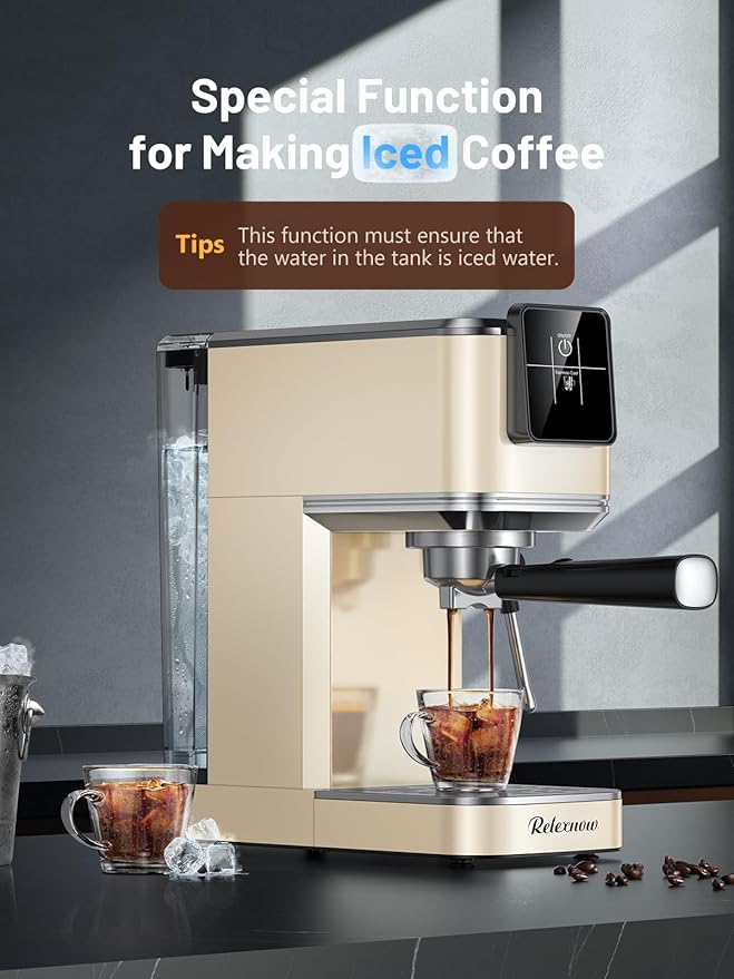 RELEXNOW Espresso Machine, 20 Bar Espresso Maker Milk Frother & LCD Panel, Hot & Iced Coffee Machine, Stainless Steel Espresso Coffee Machine with 41oz Water Tank for Cappuccino, Latte