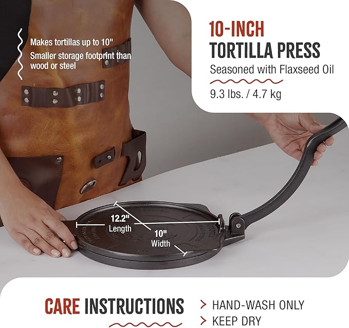 Victoria 10-Inch Cast Iron Tortilla Press HD Spherrous, Commercial-Grade Cast Iron Tortilla Maker, Roti Press, Pataconera Seasoned with Flaxseed Oil, Made in Colombia, Black