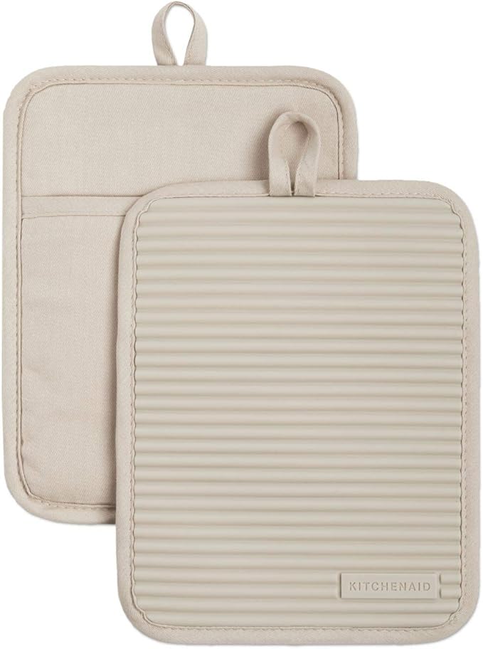 KitchenAid Ribbed Soft Silicone Water Resistant Pot Holder Set, Milkshake, 2 Piece Set & Beacon Non-Slip Oven Mitt Set, Milkshake/Beige, 2 Piece Set