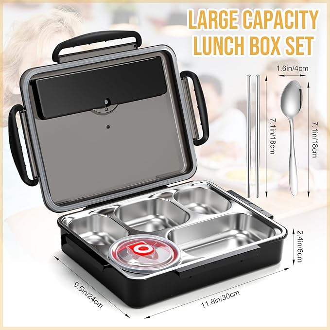 2 Sets Stainless Steel Lunch Bento Box for Adult 2.0 L Leakproof 5 Compartment Metal Bento Box with Bag 8 oz Soup Bowl with Utensils for Office, Travel(Dark Blue, Black)