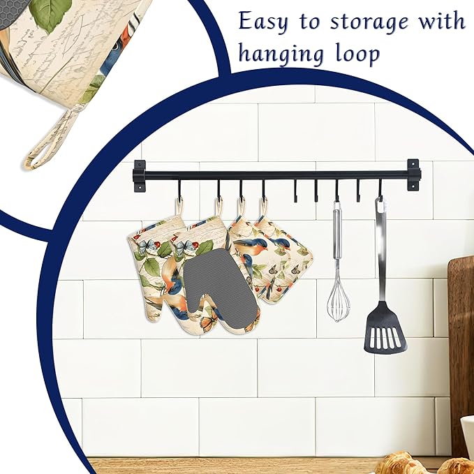 Vintage Bird Floral Potholders & Oven Mitts Sets Vermilion Bird Silicone Heat Resistant Oven Mits and Hot Pads Non-Slip Pot Holders Gloves for Kitchen Chef Cooking Baking Grilling BBQ