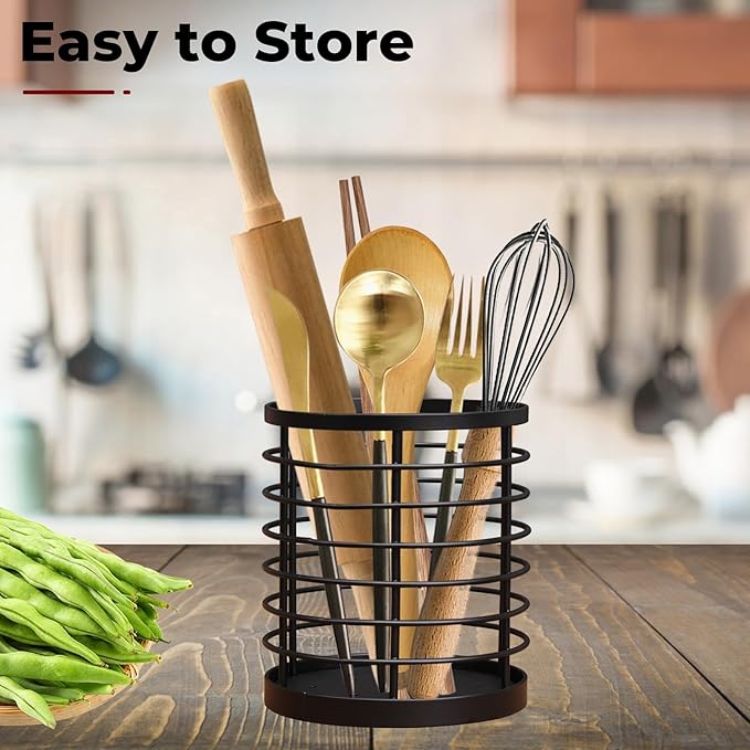 Utensil holder for Kitchen Counter - 5.2" x 5.2" x 6" Large Round Utensils Holder with Wooden Base Matte Black Cooking Utensil Holder，Kitchen countertop Utensil Organizer