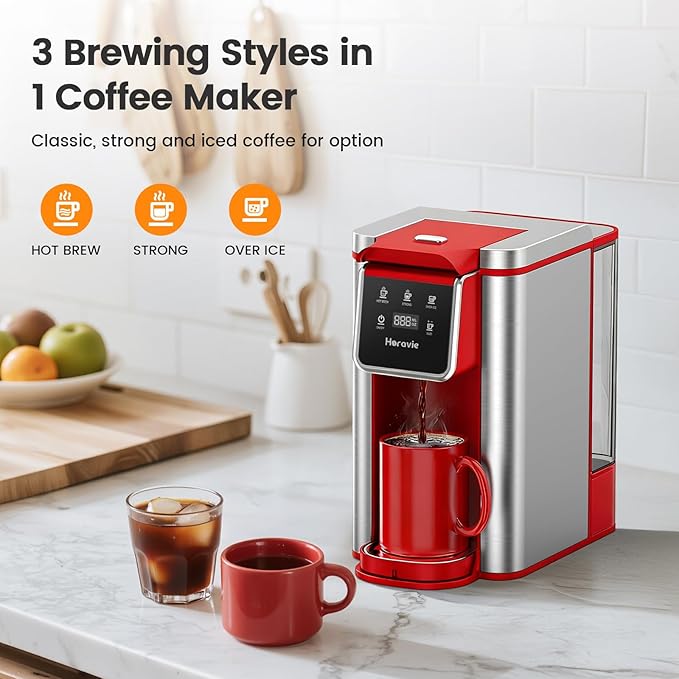 Horavie Single Serve Coffee Maker for K-Cup Pod and Grounds, Hot & Iced Coffee Maker, Strong Button Feature, 6 to 14oz Brew Sizes, 50oz Removable Reservoir, Fit 6.5" Mugs, Stainless Steel, Red