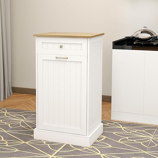 RASOO Tilt Out Trash Cabinet Wooden Freestanding Dog Proof Single Door 10 Gallons with Drawer Trash Can Cabinet