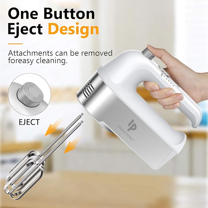 Hand Mixer Electric, 450W Kitchen Mixers with Scale Cup Storage Case, Turbo Boost/Self-Control Speed + 5 Speed + Eject Button + 5 Stainless Steel Accessories, For Easy Whipping Dough, Cream, White