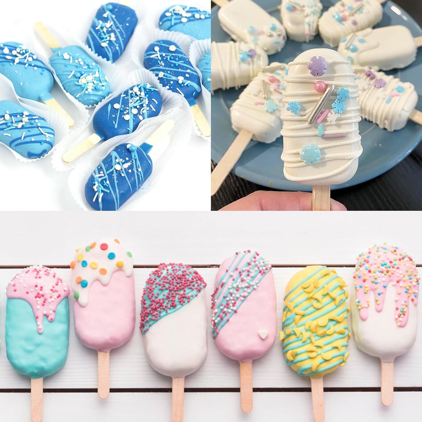 Ouddy Life Popsicle Molds Set of 2, Ice Pop Molds Silicone 4 Cavities Ice Cream Mold Oval Cake Pop Mold with 50 Wooden Sticks for DIY Popsicle, White