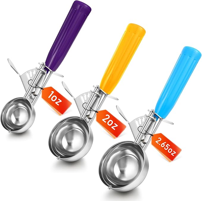 Reallnaive 3 Pcs Release Cookie Scoops Ice Cream Scooper with Trigger Release Portion Scoop Stainless Steel for Portion Control, Baking Food, Cookie Dough (1 Oz+2 Oz+2.65 oz,Purple,Yellow,Blue)