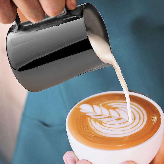 Zulay Premium Gift Milk Frother Set – Handheld Coffee Frother with Stand, 12oz/350ml Frothing Pitcher + 4 Latte Art Stencils – 13,000 RPM Motor, SS Whisk, Battery Operated – Barista Kit (Exec Black)