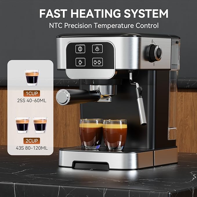 Espresso Machine 20 Bar with Steam Milk Frother, Stainless Steel Coffee Machine with Removable Water Tank for Cappuccino,Latte, Compact Stainless Steel Coffee maker for home,Great Gift