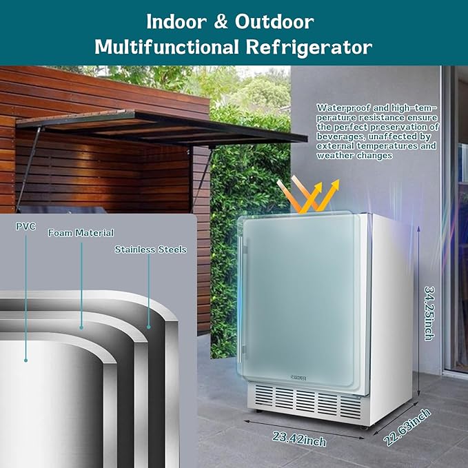 ORYMUSE 24" Outdoor Beverage Cooler Fridge - Undercounter Refrigerator, Stainless Steel Seamless Door - Holds 180 Cans, Powerful Cooling Compressor - Patio Kitchen, Commercial Use