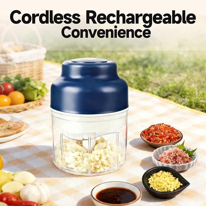 Electric Garlic Chopper Mini, Upgraded Rechargeable Veggie Chopper With Storage and Cover, One-Touch Food Processor with 4 Stainless Steel Blades for Onion Meat Chili Ginger (Blue, 250ml)