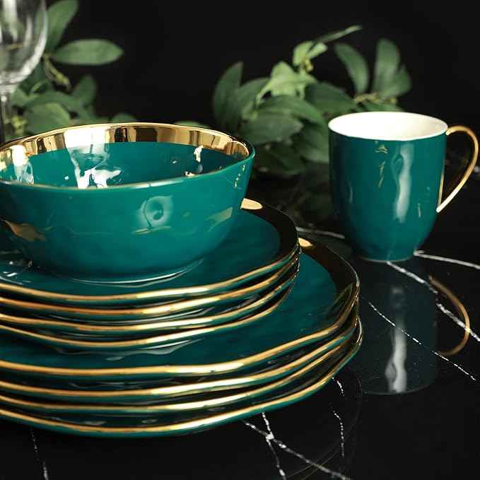Stone Lain Florian Modern Porcelain 16 Piece Dinnerware Set, Plates and Bowls Set, Dish set for 4, Green and Golden Rim