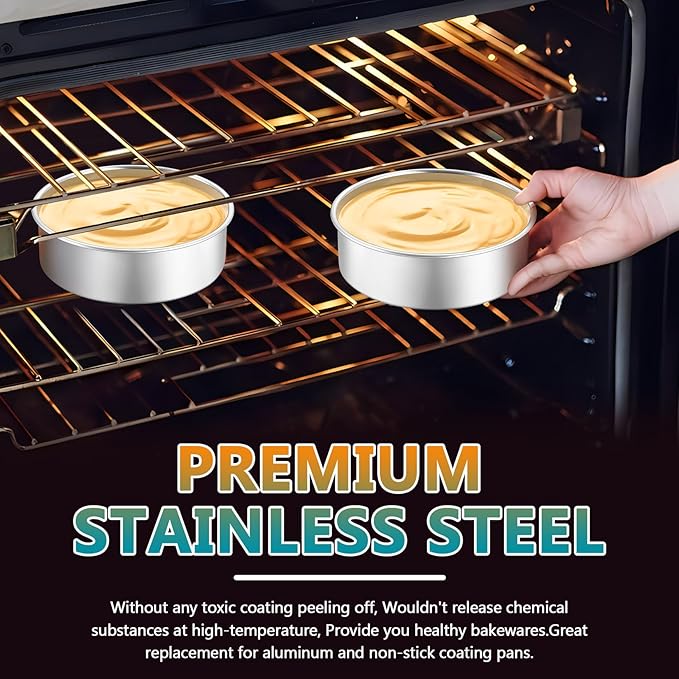 P&P CHEF 5 Inch Round Cake Pan Set of 3, Stainless Steel Round Baking Layer Pans Bakeware for Layer Birthday Cake, Fit Oven/Pots/Pressure Cooker, Leakproof & Dishwasher Safe, Silver