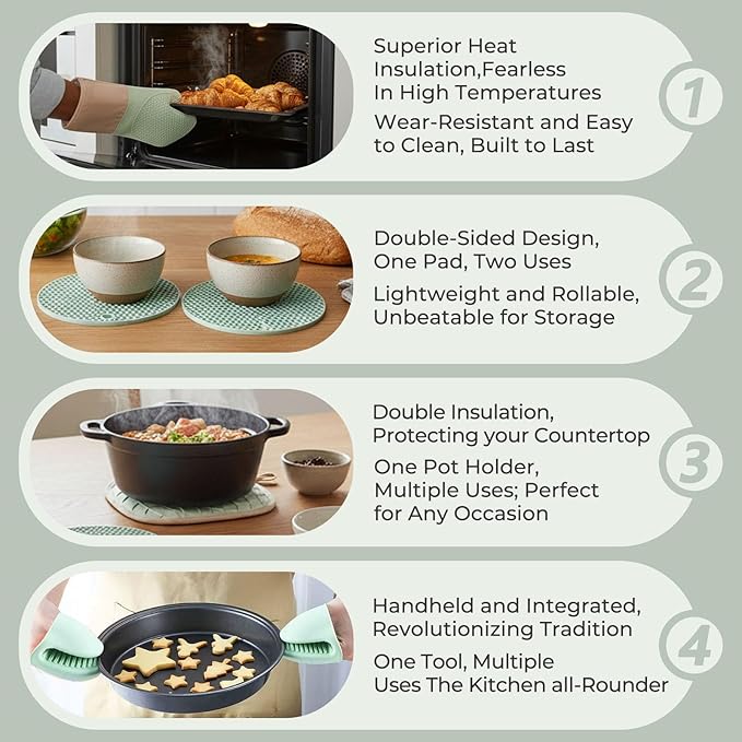 8-Piece Silicone Oven Mitts and Pot Holders Set with Hanging Loops - Heat Resistant Kitchen Gloves with Non-Slip Honeycomb Grip - Includes Mini Mitts & Trivet Mats for Cooking, Baking - Green