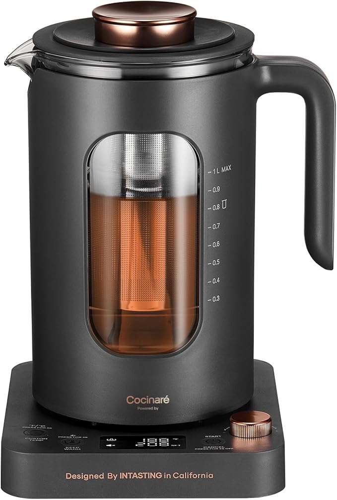 Electric Tea Kettle, INTASTING Glass Electric Kettle with tea Infuser and Precise knob temperature control, 1200W Fast Heating, BPA-Free, Easy to Clean, 1 Liter (Dark Gray)