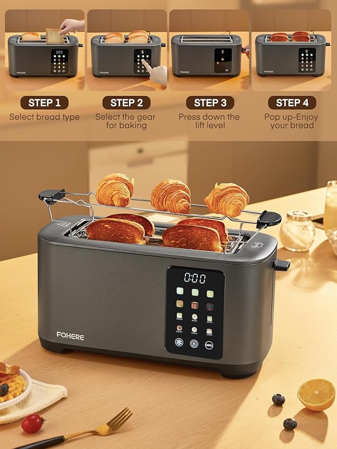 4 Slice Toaster Touch Screen Control, Long Extra Wide Slots Smart Bread Toaster, 6 Bread Types & 6 Shade Settings, Stainless Steel, with Removable Tray, Cancel/Defrost/Reheat Function, Grey