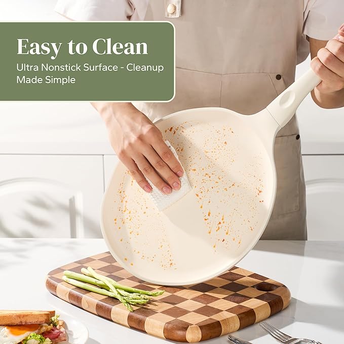 Redchef Nonstick Crepe Pan 12 Inch with Ceramic Coating, Non Stick Flat Skillet, Professional Pancake Griddle Pan, Induction Compatible, PFAS/PFOA/PTFE Free, Stay-Cool Handle (Beige White)