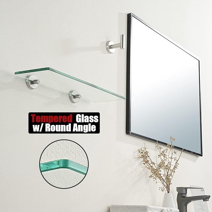 JQK Bathroom Glass Shelf, Tempered Glass Shower Storage 14 by 5 inches, 304 Stainless Steel Brushed Finish Wall Mount, TGS101L14-BN