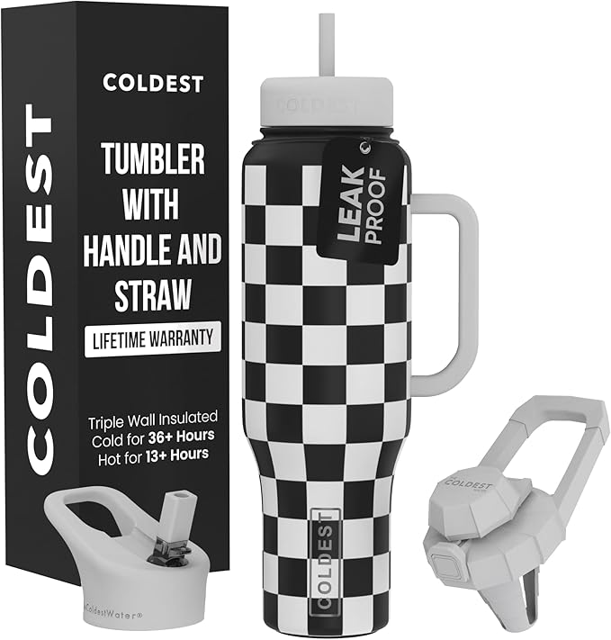 Coldest Tumbler with Handle and Straw, 100% Spill Proof Tumbler with Straw (3 Lids), Stainless Steel Insulated Leakproof Tumblers for Women Men, Cup Holder Friendly, 46 oz Black & White Checkers