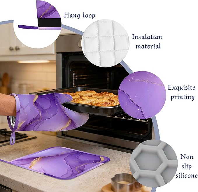 Marble Oven Mitts and Pot Holders Sets of 4 Purple Gold Marble Heat Resistant Silicone Oven Mits Gloves Non-Slip Kitchen Mittens Potholders for Cooking Baking Grilling BBQ