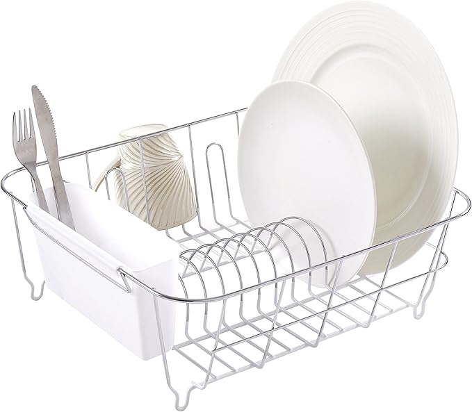 Sweet Home Collection Metal 2 Piece Dish Drying Rack Set Drainer with Utensil Holder Simple Easy to Use Fits in Most Sinks, 14.5" x 13" x 5.25", White