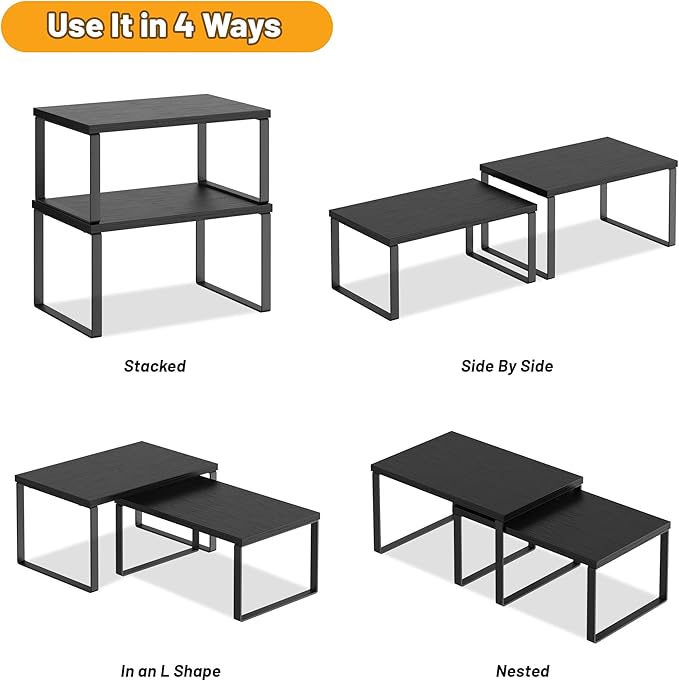 Kitchen Cabinet Organizer Shelf Set of 4, Sturdy Kitchen Counter Shelves with Metal Legs, Stackable Expandable Wood Spice Rack Pantry Cupboard Dish Mug Cup Storage Organizer Shelf, Black