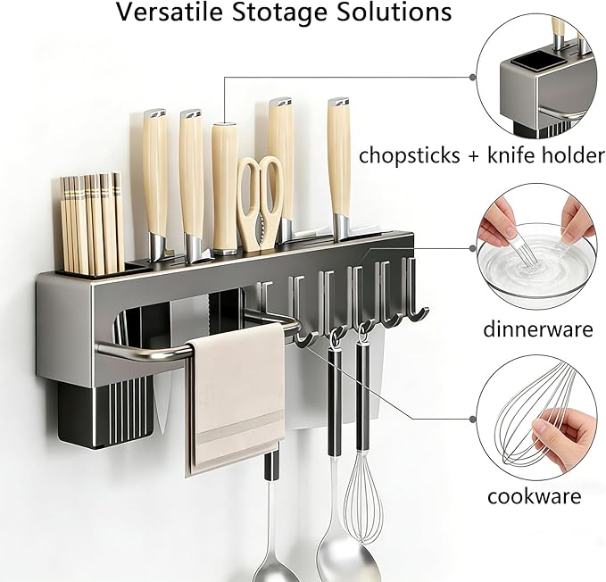 SEIDO Carbon Steel Utensil Rack – Space-Saving 16" L Kitchen Organizer with hooks & hanging bar, Gunmetal Gray Knife Holder, 2 Installation Options (Adhesive/Screwed)