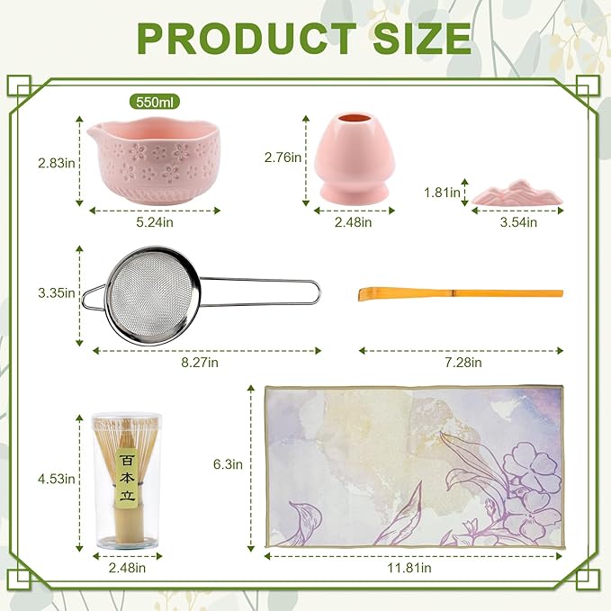 Matcha Set–7-Piece Set Including Matcha Bowl with Spout, Whisk, Chasen Holder, Sifter, Bamboo Scoop with Stand, wood spoon(Cherry Blossom Pink)–Perfect for Matcha Lovers&Tea Ceremonies