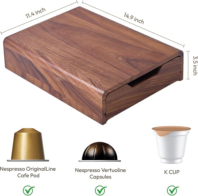 Solid Walnut Coffee Pod Organizer, 35-Capacity Coffee Drawer with Removable Dividers & Child-Safe Rounded Edges for Countertop
