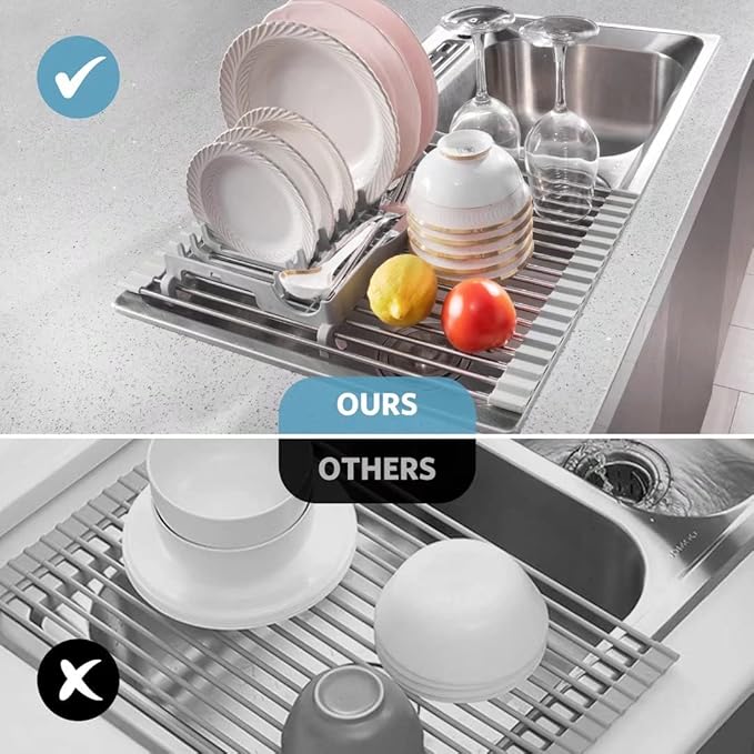 Upgraded Roll Up Dish Drying Rack(21.5” x 13.1”) Over Sink Dish Drainer Foldable Stainless Steel Trivet for Kitchen Countertop